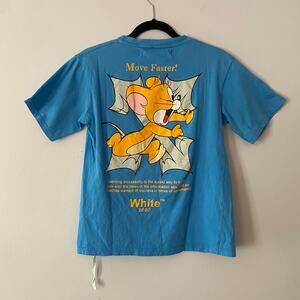 "Main Label" Off-White Blue Move Faster! Tom Jerry Short Sleeve Tee Men Large